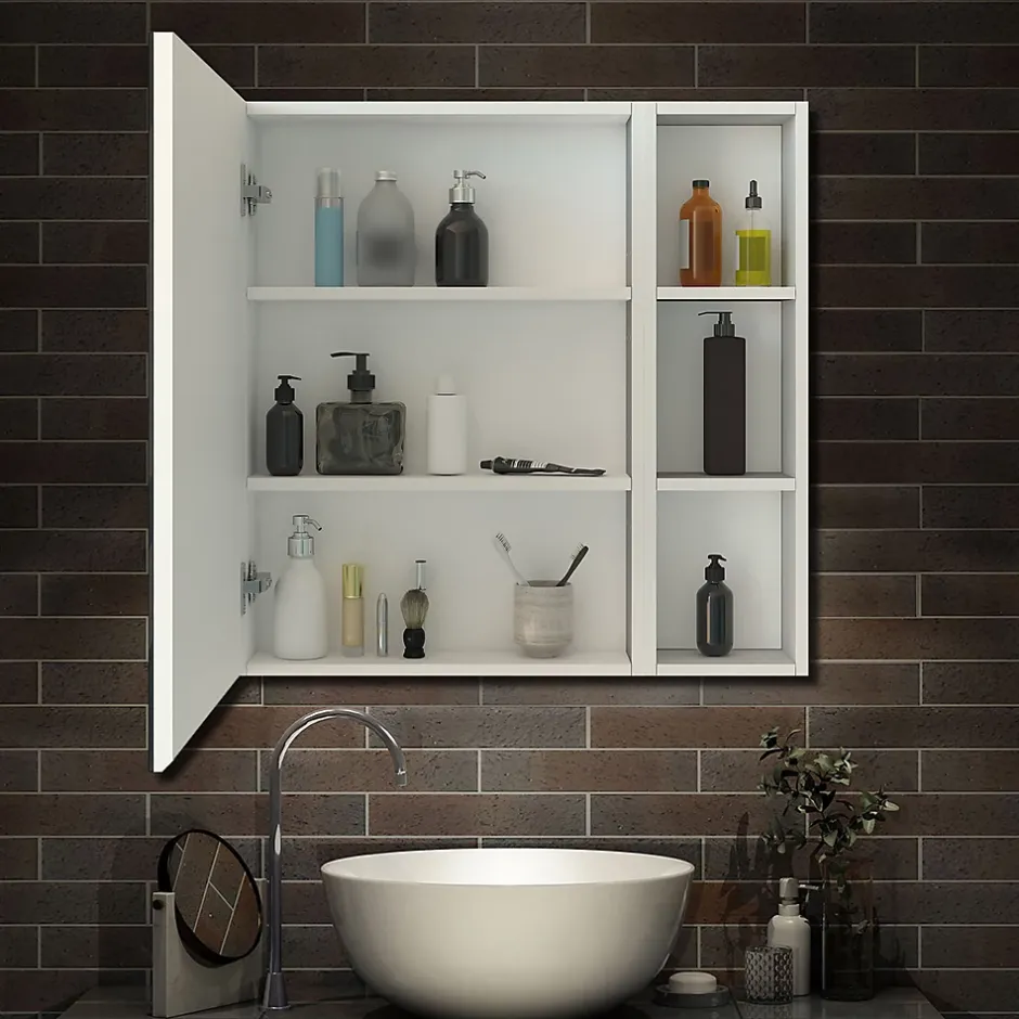 AICA Sanitaire Armoire de Toilette Mural avec Miroir Niches Intégrées et Rangement Fermé - Moderne, Blanc, 60x70 cm,