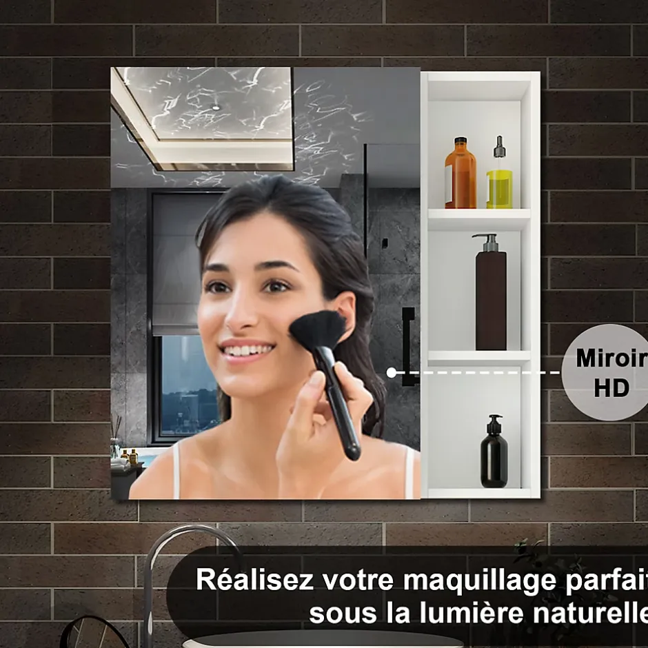 AICA Sanitaire Armoire de Toilette Mural avec Miroir Niches Intégrées et Rangement Fermé - Moderne, Blanc, 60x70 cm,