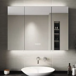 Sirhona Armoire de toilette Extra Large Miroir 90x65 cm + Grand Rangement + Température LED tricolore + Anti-buée + Prise rasoir* Armoire De Toilette