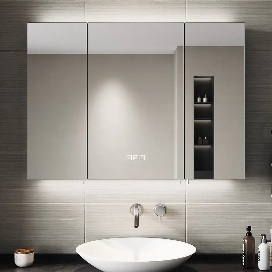 Sirhona Armoire de toilette Extra Large Miroir 90x65 cm + Grand Rangement + Température LED tricolore + Anti-buée + Prise rasoir* Armoire De Toilette