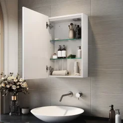 Sirhona Armoire de toilette miroir de salle de bain avec lumière LED 3 couleurs,38x60cm, meuble de rangement blanc anti-buée* Armoire De Toilette