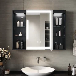 Sirhona Armoire de toilette Grand Rangement 60x75 cm + Interrupteur tactile + Température LED tricolore + Anti-buée + Prise rasoir