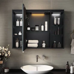 Sirhona Armoire de toilette Grand Rangement 60x75 cm + Interrupteur tactile + Température LED tricolore + Anti-buée + Prise rasoir