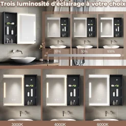Sirhona Armoire de toilette Etagère de Rangement 65x60cm+Touch+LED Température Tri-Couleur+ Anti-buée+Prise rasoir