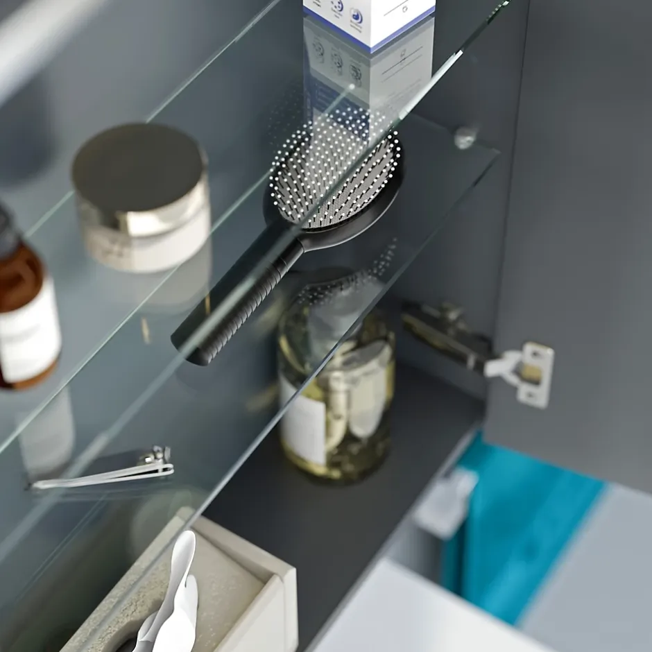 Bernstein Armoire de toilette suspendue Anthracite mat 80x18x70cm (LxPxH) 2 portes miroir, éclairage LED, tablettes en verre - SOLO