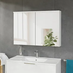 Bernstein Armoire de toilette suspendue Blanc mat 100x18x70cm (LxPxH) 2 portes miroir, éclairage LED, tablettes en verre - SOLO