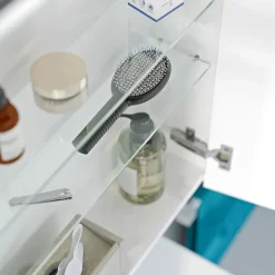 Bernstein Armoire de toilette suspendue Blanc mat 100x18x70cm (LxPxH) 2 portes miroir, éclairage LED, tablettes en verre - SOLO