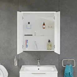 Bernstein Armoire de toilette suspendue Blanc mat 60x18x70cm (LxPxH) 2 portes miroir, éclairage LED, tablettes en verre - SOLO