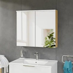 Bernstein Armoire de toilette suspendue Chêne miel 80x18x70cm (LxPxH) 2 portes miroir, éclairage LED, tablettes en verre - SOLO* Armoire De Toilette