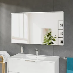 Bernstein Armoire de toilette suspendue Blanc mat 120x18x70cm (LxPxH) 2 portes miroir, éclairage LED, tablettes en verre - SOLO