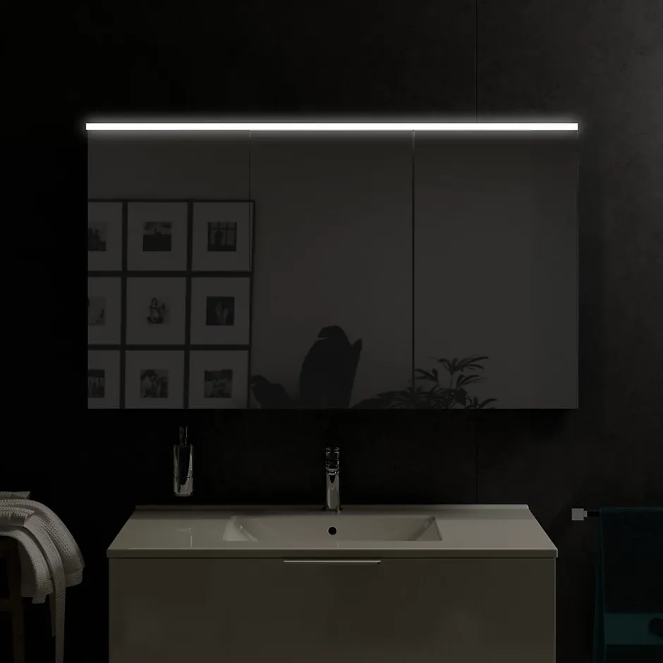 Bernstein Armoire de toilette suspendue Blanc mat 120x18x70cm (LxPxH) 2 portes miroir, éclairage LED, tablettes en verre - SOLO