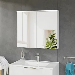 Bernstein Armoire de toilette suspendue Blanc mat 80x18x70cm (LxPxH) 2 portes miroir, éclairage LED, tablettes en verre - SOLO