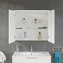 Bernstein Armoire de toilette suspendue Blanc mat 80x18x70cm (LxPxH) 2 portes miroir, éclairage LED, tablettes en verre - SOLO