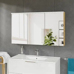 Bernstein Armoire de toilette suspendue Chêne miel 120x18x70cm (LxPxH) 2 portes miroir, éclairage LED, tablettes en verre - SOLO