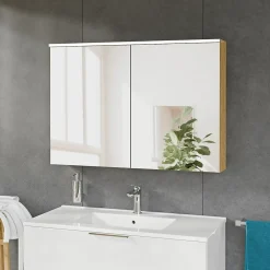 Bernstein Armoire de toilette suspendue Anthracite mat 100x18x70cm (LxPxH) 2 portes miroir, éclairage LED, tablettes en verre - SOLO* Armoire De Toilette