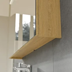 Bernstein Armoire de toilette suspendue Chêne miel 60x18x70cm (LxPxH) 2 portes miroir, éclairage LED, tablettes en verre - SOLO