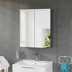 Bernstein Armoire de toilette suspendue Anthracite mat 60x18x70cm (LxPxH) 2 portes miroir, éclairage LED, tablettes en verre - SOLO* Armoire De Toilette