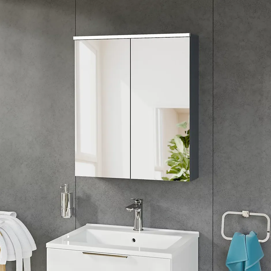 Bernstein Armoire de toilette suspendue Anthracite mat 60x18x70cm (LxPxH) 2 portes miroir, éclairage LED, tablettes en verre - SOLO* Armoire De Toilette