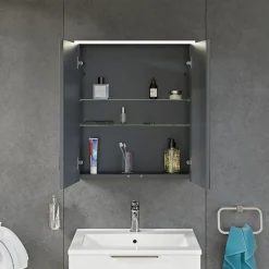 Bernstein Armoire de toilette suspendue Anthracite mat 60x18x70cm (LxPxH) 2 portes miroir, éclairage LED, tablettes en verre - SOLO* Armoire De Toilette