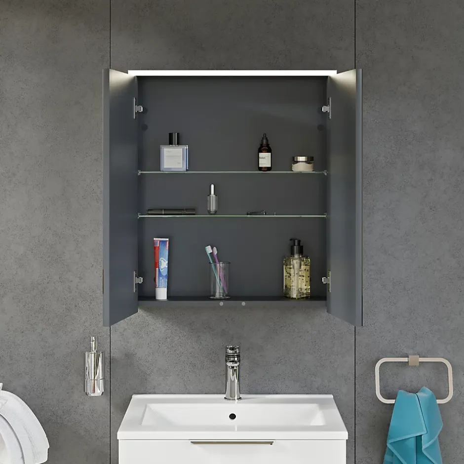 Bernstein Armoire de toilette suspendue Anthracite mat 60x18x70cm (LxPxH) 2 portes miroir, éclairage LED, tablettes en verre - SOLO* Armoire De Toilette