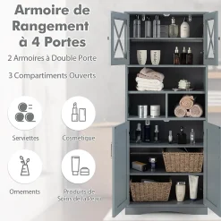 Giantex Armoire Haute de Salle de Bain Armoire de Rangement Autoportante avec 2 Placards à Portes Étagères Réglables Gris
