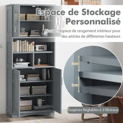 Giantex Armoire Haute de Salle de Bain Armoire de Rangement Autoportante avec 2 Placards à Portes Étagères Réglables Gris