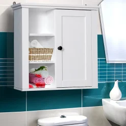 Homcom Armoire haute murale de salle de bain ou WC placard 1 porte 3 niches dim. 53L x 14,5l x 50,5H cm MDF panneaux particules blanc* Armoire De Salle De Bains