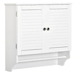 kleankin Armoire haute murale salle de bain ou WC - placard 2 portes persiennes avec étagère - porte-serviette - MDF blanc