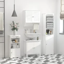 kleankin Armoire haute murale salle de bain ou WC - placard 2 portes persiennes avec étagère - porte-serviette - MDF blanc