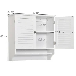 kleankin Armoire haute murale salle de bain ou WC - placard 2 portes persiennes avec étagère - porte-serviette - MDF blanc