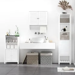 kleankin Armoire haute murale salle de bain ou WC - placard 2 portes persiennes avec étagère - porte-serviette - MDF blanc