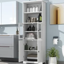ProximaX Armoire haute salle de bain, laquée avec porte vitrée et porte bois, 2 étagères ouvertes avec séparateurs réglables, blanc* Meuble Wc