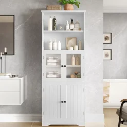 ProximaX Armoire haute salle de bain, laquée avec porte vitrée et porte bois, 2 étagères ouvertes avec séparateurs réglables, blanc* Meuble Wc