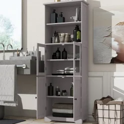 ProximaX Armoire haute salle de bain, porte vitrée et porte bois, 2 étagères ouvertes avec séparateurs réglables, gris* Meuble Wc