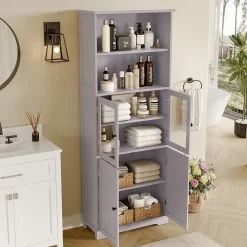 ProximaX Armoire haute salle de bain, porte vitrée et porte bois, 2 étagères ouvertes avec séparateurs réglables, gris* Meuble Wc