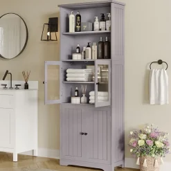 ProximaX Armoire haute salle de bain, porte vitrée et porte bois, 2 étagères ouvertes avec séparateurs réglables, gris* Meuble Wc