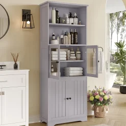 ProximaX Armoire haute salle de bain, porte vitrée et porte bois, 2 étagères ouvertes avec séparateurs réglables, gris* Meuble Wc
