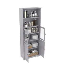 ProximaX Armoire haute salle de bain, porte vitrée et porte bois, 2 étagères ouvertes avec séparateurs réglables, gris* Meuble Wc