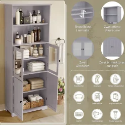 ProximaX Armoire haute salle de bain, porte vitrée et porte bois, 2 étagères ouvertes avec séparateurs réglables, gris* Meuble Wc