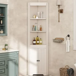 ProximaX Armoire haute salle de bain blanche, 3 compartiments ouverts, portes à charnières résistantes à l'humidité, étagères coulissantes* Meuble Wc