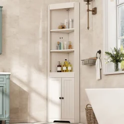 ProximaX Armoire haute salle de bain blanche, 3 compartiments ouverts, portes à charnières résistantes à l'humidité, étagères coulissantes* Meuble Wc