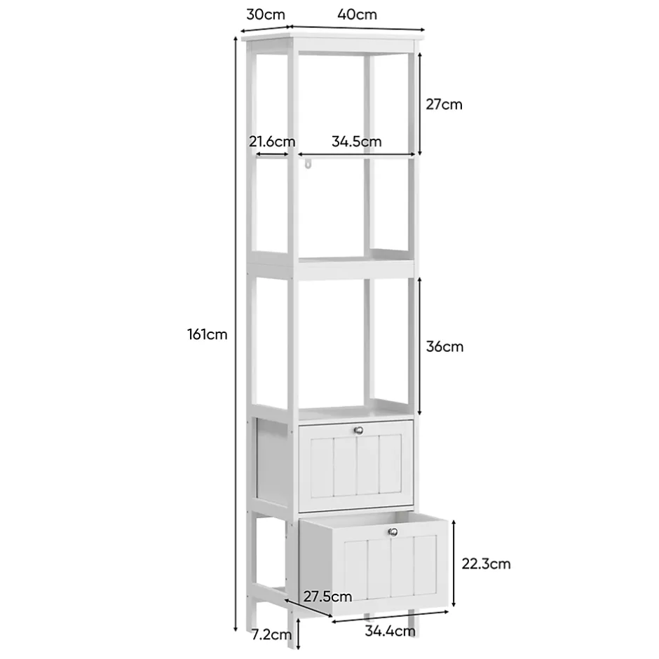 ProximaX Armoire haute étroite blanche, meuble salle de bain autoportant avec 2 tiroirs et 3 étagères, colonne de rangement 40x30x160 cm