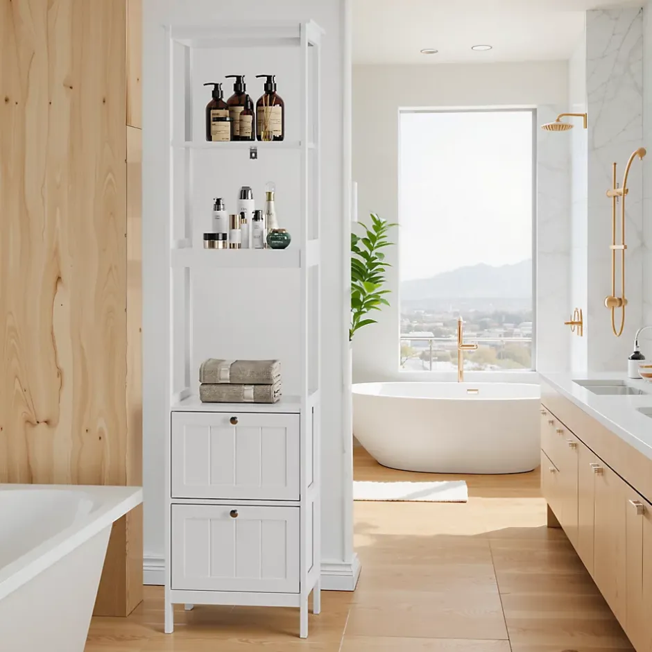 ProximaX Armoire haute étroite blanche, meuble salle de bain autoportant avec 2 tiroirs et 3 étagères, colonne de rangement 40x30x160 cm