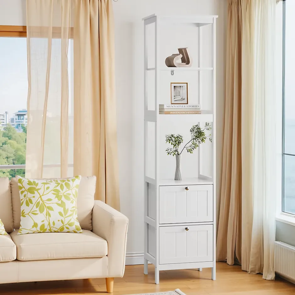 ProximaX Armoire haute étroite blanche, meuble salle de bain autoportant avec 2 tiroirs et 3 étagères, colonne de rangement 40x30x160 cm
