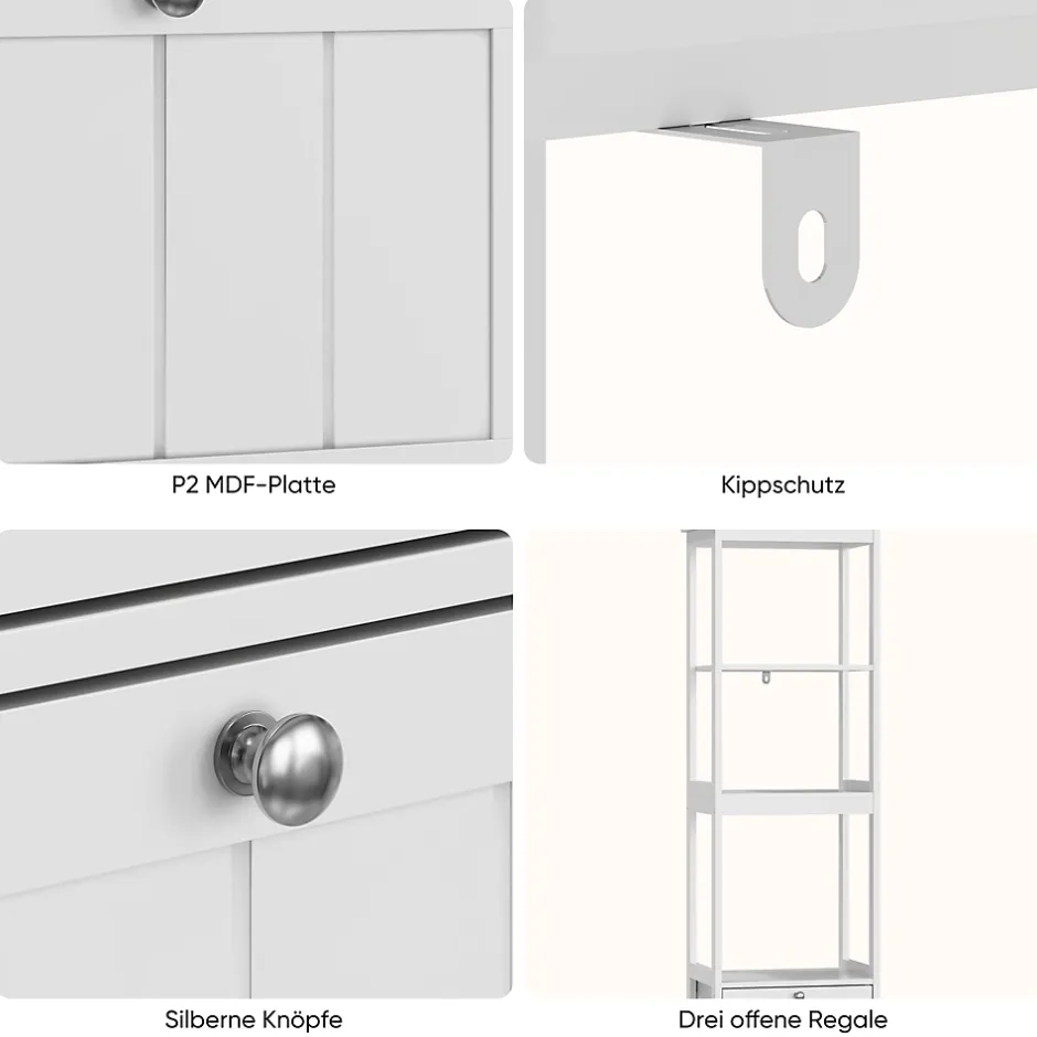 ProximaX Armoire haute étroite blanche, meuble salle de bain autoportant avec 2 tiroirs et 3 étagères, colonne de rangement 40x30x160 cm
