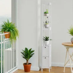ProximaX Armoire haute étroite, meuble salle de bain autoportant avec 2 tiroirs et 3 étagères, colonne de rangement, Blanc* Meuble Wc