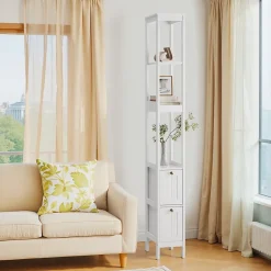 ProximaX Armoire haute étroite, meuble salle de bain autoportant avec 2 tiroirs et 3 étagères, colonne de rangement, Blanc* Meuble Wc