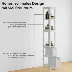 ProximaX Armoire haute étroite, meuble salle de bain autoportant avec 2 tiroirs et 3 étagères, colonne de rangement, Blanc* Meuble Wc