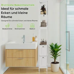 ProximaX Armoire haute étroite, meuble salle de bain autoportant avec 2 tiroirs et 3 étagères, colonne de rangement, Blanc* Meuble Wc
