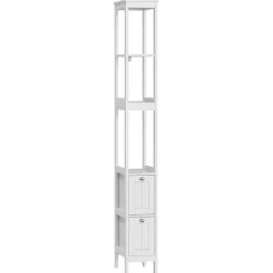 ProximaX Armoire haute étroite, meuble salle de bain autoportant avec 2 tiroirs et 3 étagères, colonne de rangement, Blanc* Meuble Wc